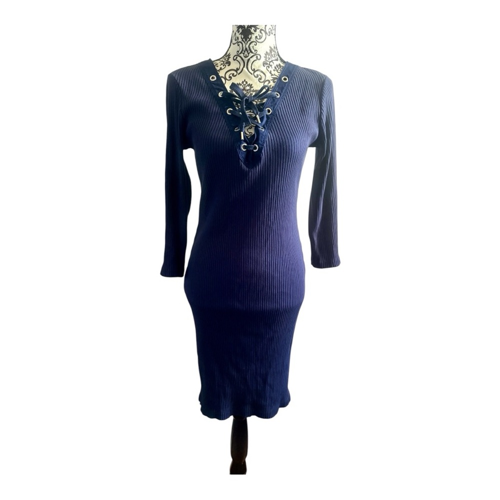 POLO RALPH LAUREN Navy Lace-Up Ribbed Knit Dress